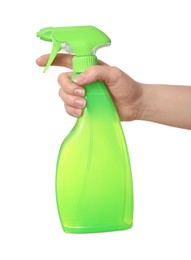 Woman holding bottle of toilet cleaner spray on white background, closeup