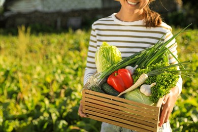 Photo of Woman with crate of different fresh ripe vegetables on farm, closeup. Space for text