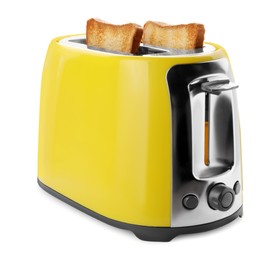 Photo of Yellow toaster with roasted bread slices on white background