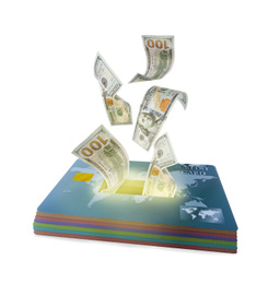 Credit card as piggy bank and money on white background