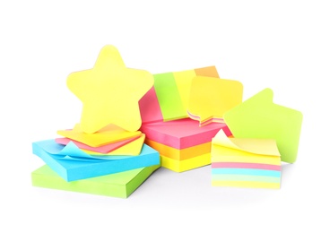 Pile of different colorful sticky notes on white background. School stationery