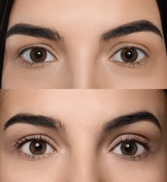 Collage with photos of woman before and after eyelash lamination procedure, closeup