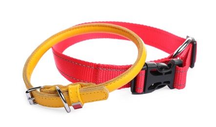 Photo of Different leather and textile dog collars on white background