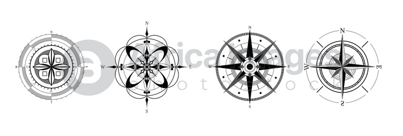Compass roses with four cardinal directions - North, East, South, West on white background, banner design. Illustration