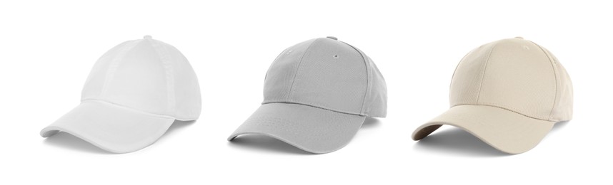 Set with different baseball caps on white background. Mock up for design