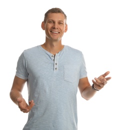 Man in casual clothes talking on white background