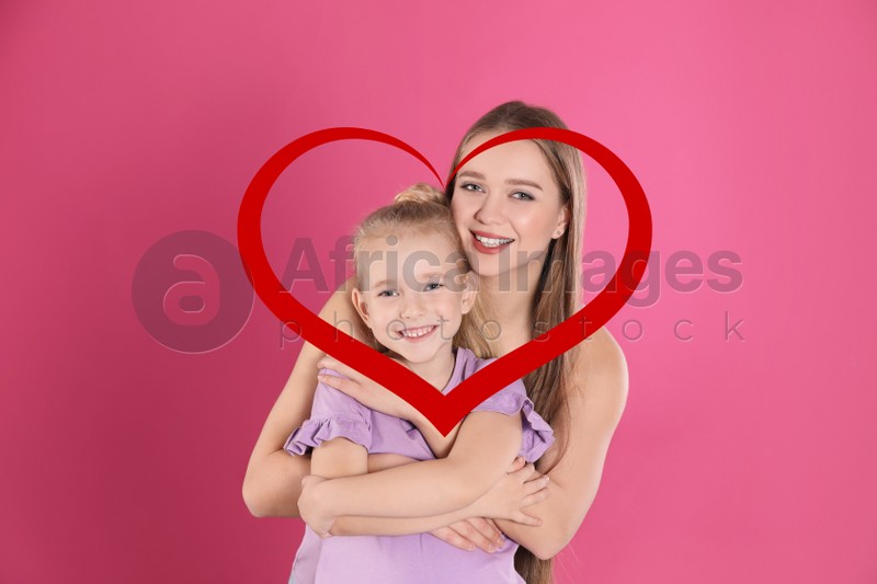 Illustration of red heart and happy mother with little daughter on pink background