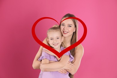 Illustration of red heart and happy mother with little daughter on pink background