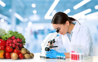 Image of Quality control specialist inspecting food in laboratory