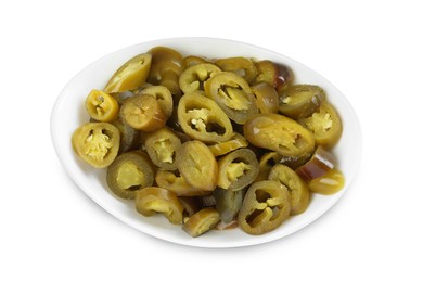 Photo of Slices of pickled green jalapenos in bowl isolated on white, top view