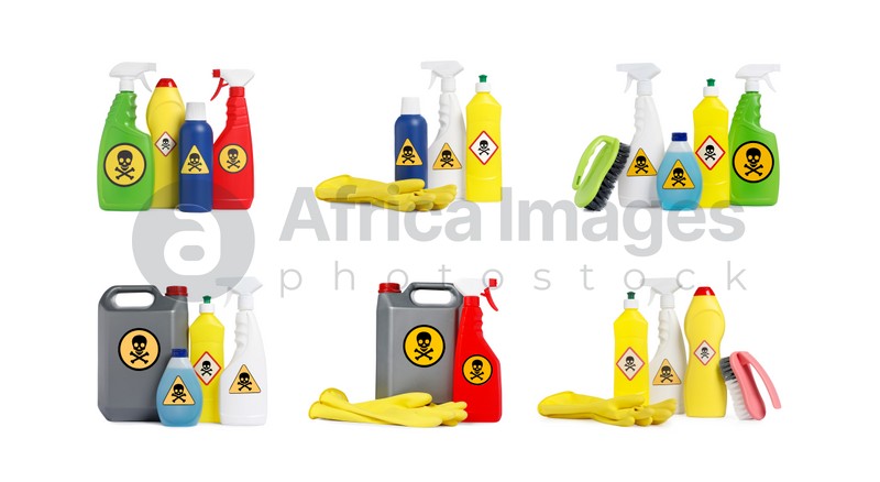 Set with different toxic household chemicals with warning signs on white background