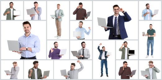 Collage with photos of men holding modern laptops on white background. Banner design