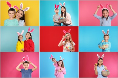 Collage photos of people wearing bunny ears headbands on different color backgrounds. Happy Easter