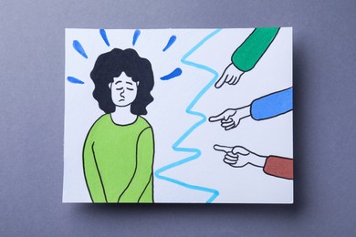 Drawing of people bullying sad woman on grey background, top view