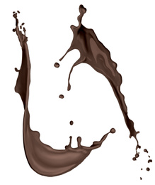 Splashes of melted chocolate on white background