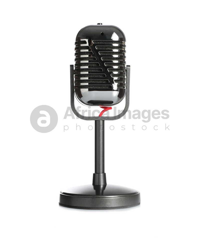 Vintage microphone isolated on white. Journalist's equipment