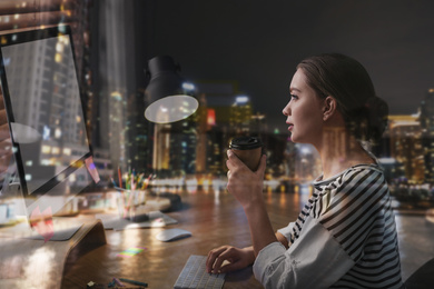 Image of Double exposure of female designer and night cityscape 