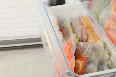 Photo of Vacuum bags with different products in fridge, space for text. Food storage