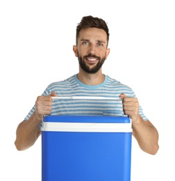 Happy man with cool box on white background