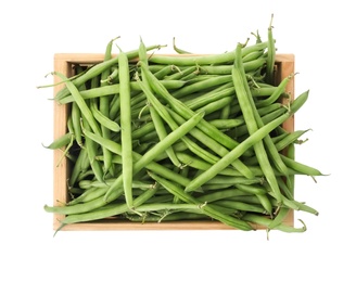 Fresh green beans in wooden crate on white background, top view
