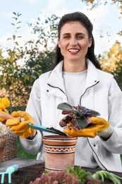 Photo of Woman in gardening gloves transplanting flower into pot at table outdoors