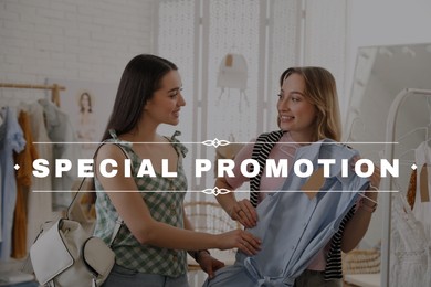 Special promotion. Women choosing dress to buy in showroom