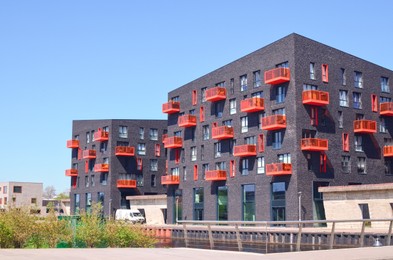 Exterior of beautiful modern residential complex on sunny day