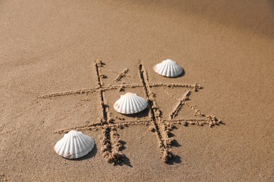 Playing Tic tac toe game with shells on sand