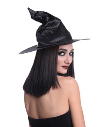 Mysterious witch wearing hat on white background