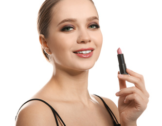 Beautiful woman with lipstick on white background. Stylish makeup