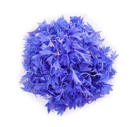 Heap of beautiful cornflower petals isolated on white, top view