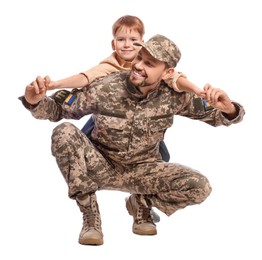 Ukrainian defender in military uniform with his little son on white background