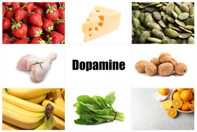 Image of Different foods rich in dopamine that can help you feel happiness. Different tasty products on white background
