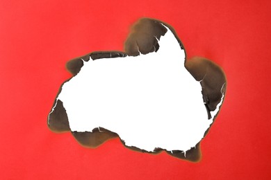 Burnt hole in red paper on white background, space for text