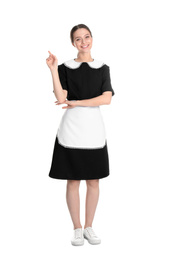 Young chambermaid in uniform on white background