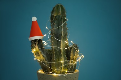 Photo of Cactus decorated with glowing fairy lights and santa hat on blue background, closeup