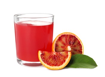 Tasty sicilian orange juice in glass, fruit and leaf on white background