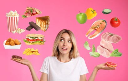 Image of Doubtful woman choosing between between healthy and unhealthy food on pink background