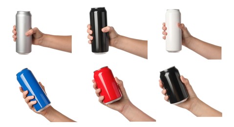 Collage with photos of women holding different cans with beverages on white background, closeup. Banner design