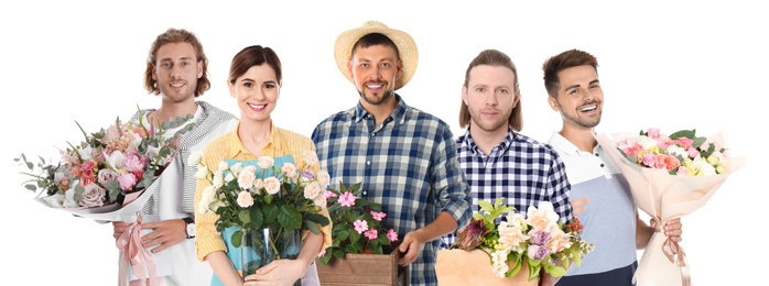 Collage of florists with flowers on white background. Banner design