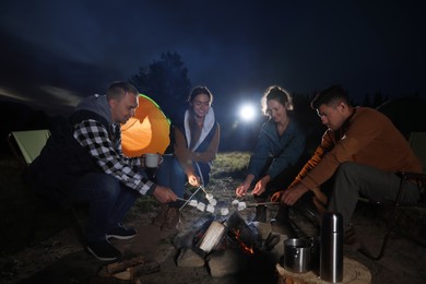 Group of friends roasting marshmallows on bonfire at camping site in evening