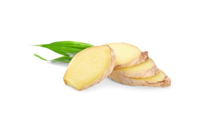 Slices of fresh ginger and leaves isolated on white