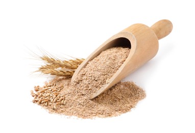 Wooden scoop with wheat bran on white background