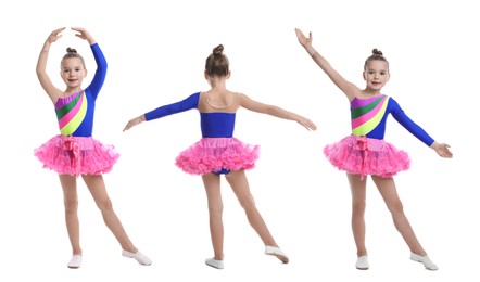 Collage with photos of cute little girl dancing on white background