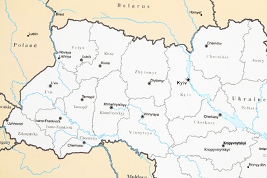MYKOLAIV, UKRAINE - NOVEMBER 09, 2020: Contour map of Western Ukraine, closeup