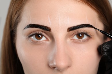 Beautician applying tint during eyebrows correction procedure, closeup