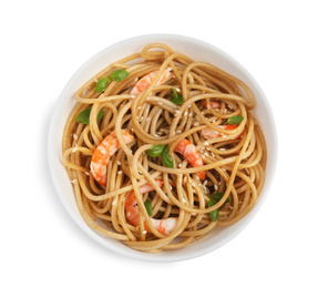 Photo of Tasty buckwheat noodles with shrimps isolated on white, top view