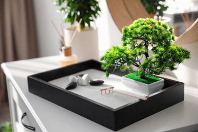Beautiful miniature zen garden on white cabinet indoors