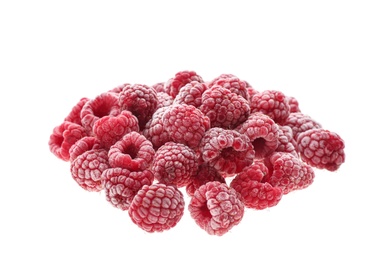 Heap of tasty frozen raspberries on white background