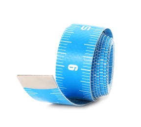 Long light blue measuring tape isolated on white